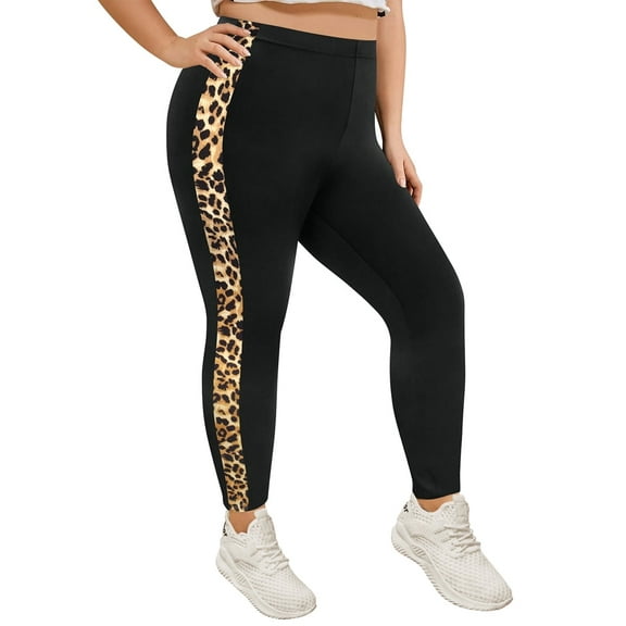 TIYOMI Ladies Plus Size Pants 4X Black Casual Full Length Ankle Leggings High Waist Leopard Side Stripe Leggings Butt Fit Bottom Pants Fall Leggings 4XL 26W