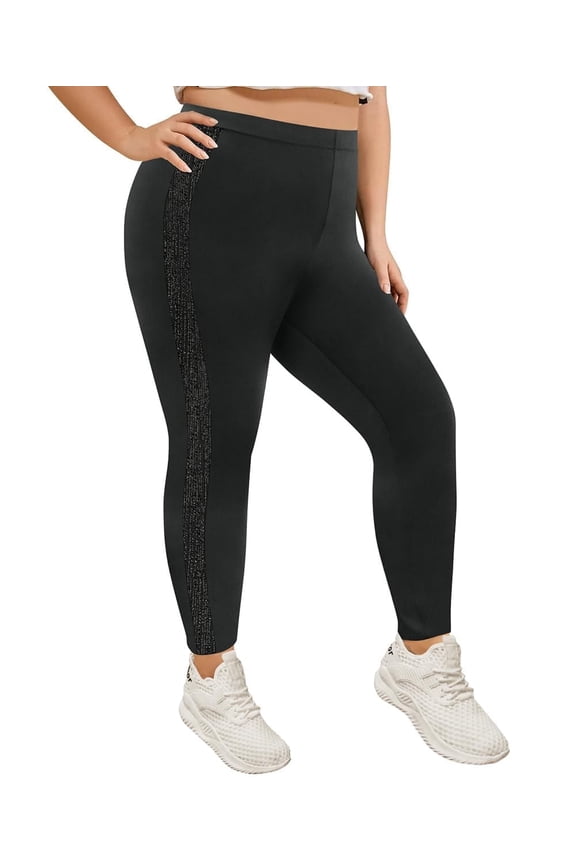 Ladies Plus Size Pants 4X Diamond Side Casual Full Length Ankle Sequin Leggings High Waist Black Sparkle Leggings Butt Fit Bottom Pants Fall Leggings 4XL 26W