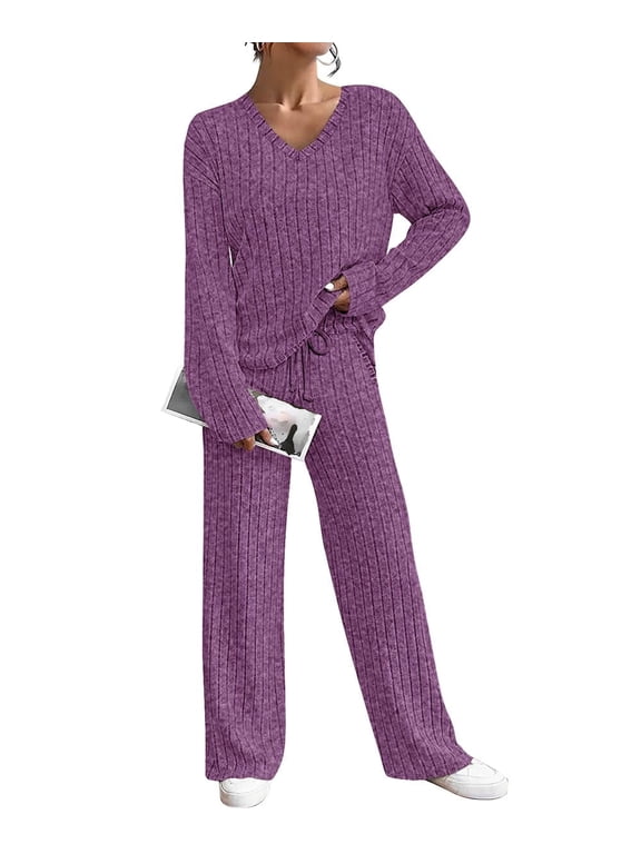 Ladies Plus Size Purple 4X Sweater Outfits Long Sleeve Pullover Knitting Suits Winter Sweatersuits Casual 2 Piece Lounge Sets 4XL 24W 26W