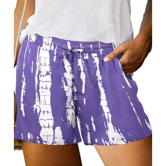 TIYOMI Ladies Plus Size Shorts 4X Elastic Waist Casual Shorts Pocketed Purple Tie Dye Shorts Comfy Drawstring Pants Summer Beach Pants 4XL 26W
