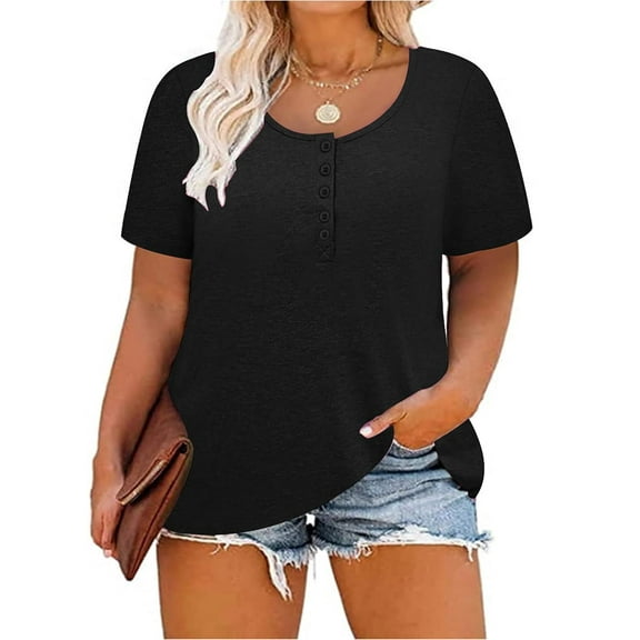 TIYOMI Ladies Plus Size Summer Tops Buttons Up Short Sleeve Tees Henley Shirts For Women Black Henley Crewneck Tunics Casual Blouses 4XL 24W 26W
