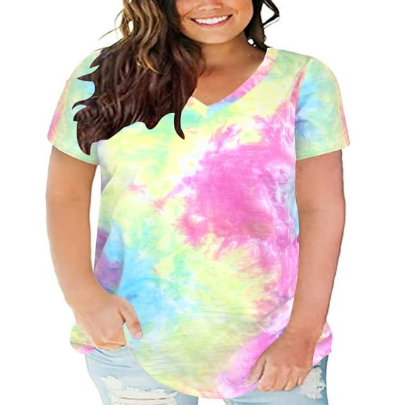 TIYOMI Ladies Plus Size Tunic Short Sleeve Tie Dye Casual Summer Loose Fit Blouses Flowy Shirts Casusal Tops Tie Dye Rainbow 4XL