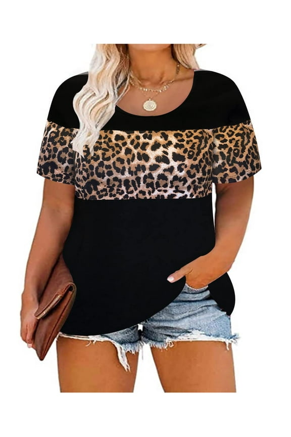 Leopard Plus Size Tops Womens Gaphic Short Sleeve Black Summer T-Shirts Round Neck Color Block Blouses 2XL 18W 20W