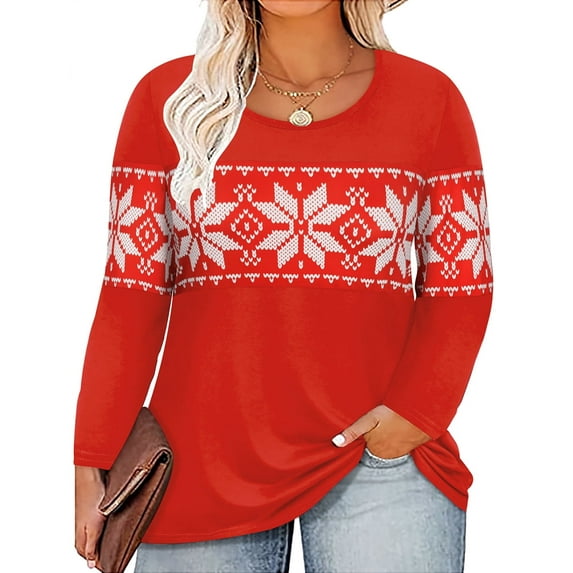 TIYOMI Plus Size 2X Tops For Women Christmas Red Crewneck T Shirt Snowflake Long Sleeve Color Block Blouses Tee Fall Winter Shirts 2XL 18W 20W