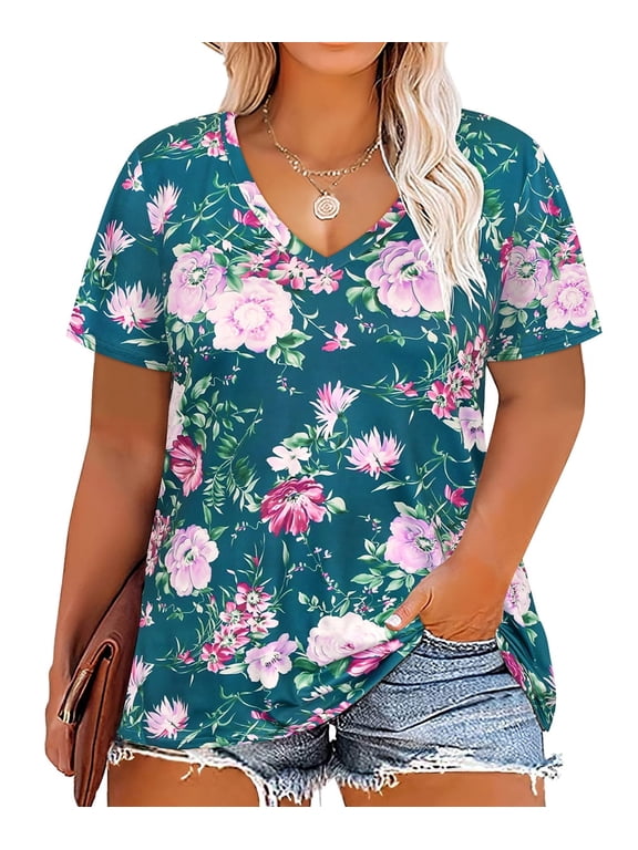 Plus Size 3x Tops For Women Blue Floral Tunics Short Sleeve Flower Summer Shirts Basic V-Neck Blouses Casual Tees 3XL 22W 24W