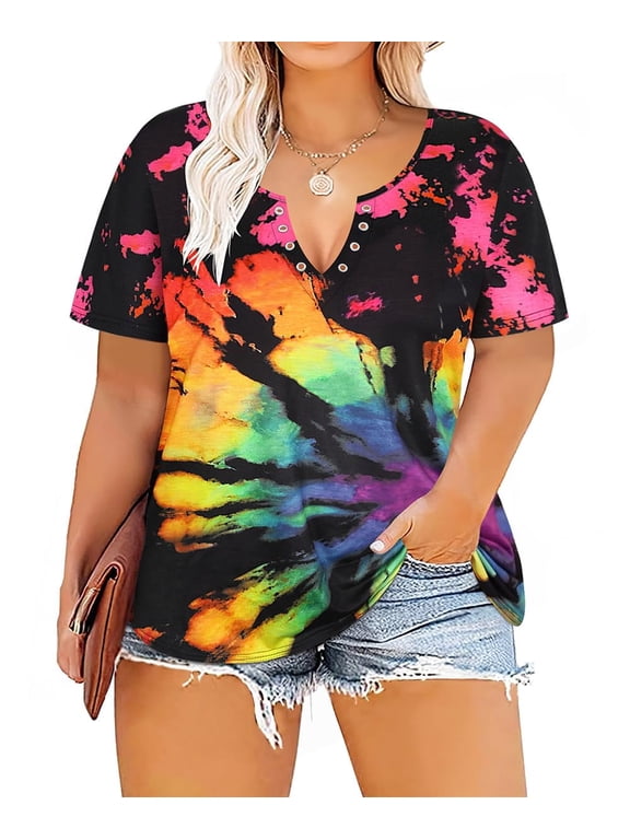 Plus Size 4x Shirts For Women Sun Tie Dye V-Neck Spring Summer Short Sleeves T Shirt 4XL 24/26 Plus