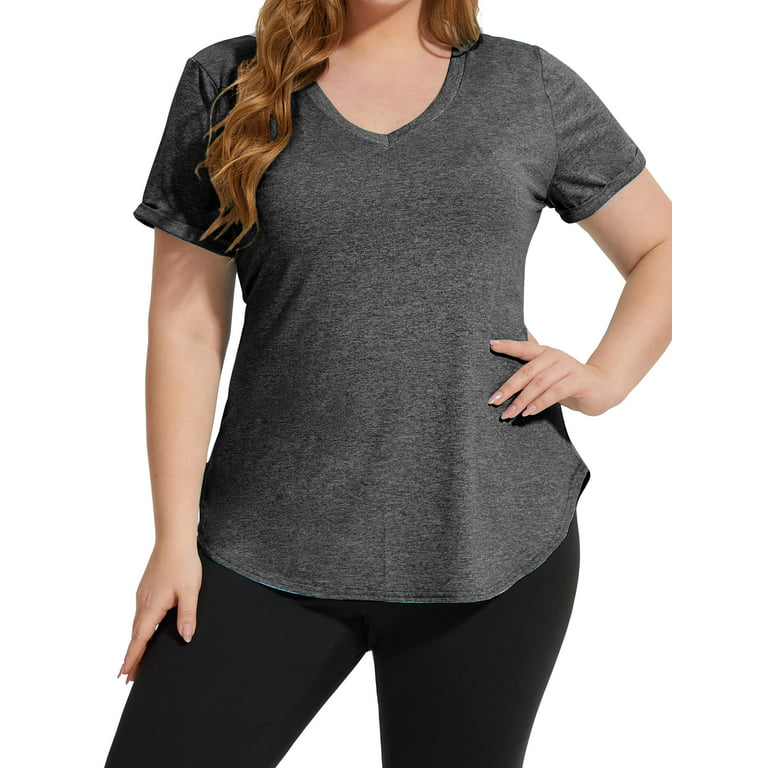 TIYOMI Plus Size 5X Athletic Shirts For Women Dark Grey Sport Tops V Neck  Yoga Pullover Summer Tunics for Gym Exercise 5XL 26W 28W