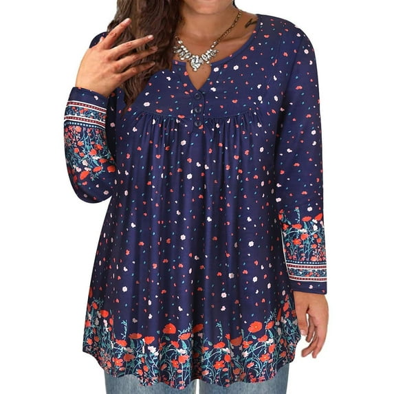 TIYOMI Plus Size 5X Long Sleeve Tunic Tops For Women Navy Blue Floral Henley V Neck Flower Pullover Swing Flowy Tops Babydoll Casual Tunics Fall Shirts 5XL 26W 28W