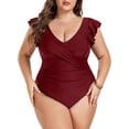 thumbnail image 1 of TIYOMI Plus Size 5X One Piece Swimsuit For Women Wine Red Swimwear Ruffled Deep V Neck Suits Tummy Control Bathing Suits 5XL 26W 28W, 1 of 6