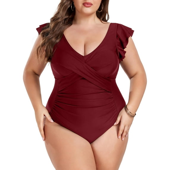 TIYOMI Plus Size 5X One Piece Swimsuit For Women Wine Red Swimwear Ruffled Deep V Neck Suits Tummy Control Bathing Suits 5XL 26W 28W