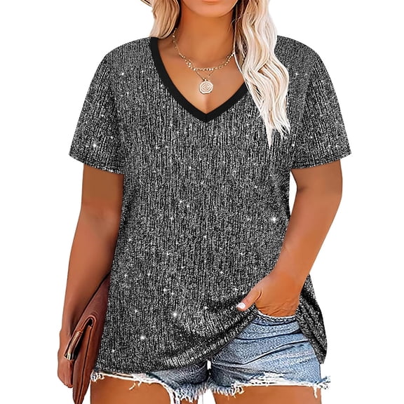 TIYOMI Plus Size 5X Sequin Short Sleeve Shirts For Women Tops V Neck Bling Pullover Summer Sparkly Tunics 5XL 26W 28W