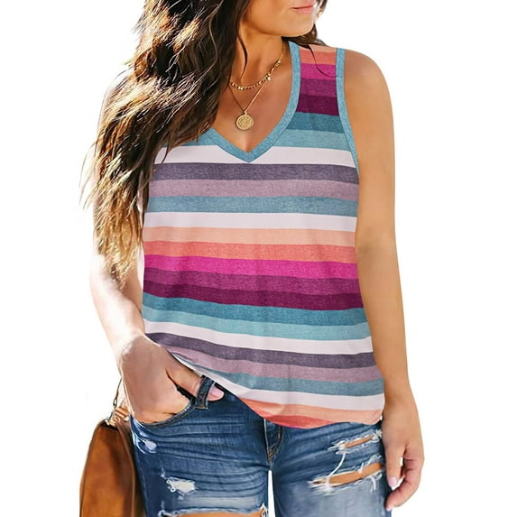 TIYOMI Plus Size 5X Shirts For Women Colorful Rainbow Tank Tops V Neck Pullover Loose Fit Shirts Summer Tank Tops 5XL 26W 28W