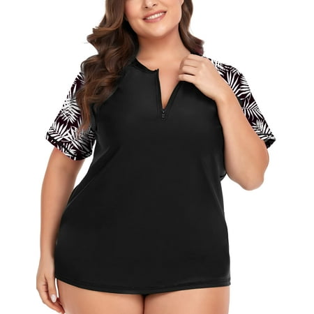 TIYOMI Plus Size 5X Swimsuit Shirts For Women Rash Guard Tops Black Leaves Raglan Short Sleeve Zip Pullover Surfing Swim UPF 50+ Sun Protection Tops 5XL 26W 28W