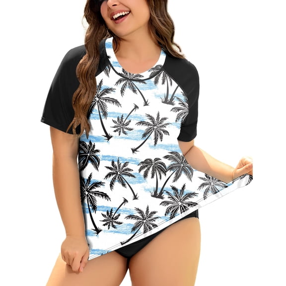 TIYOMI Plus Size 5X Swimsuit Shirts For Women Rash Guard Tops Coconut Palm Raglan Short Sleeve Pullover Surfing Swim UPF 50+ Sun Protection Tops 5XL 26W 28W