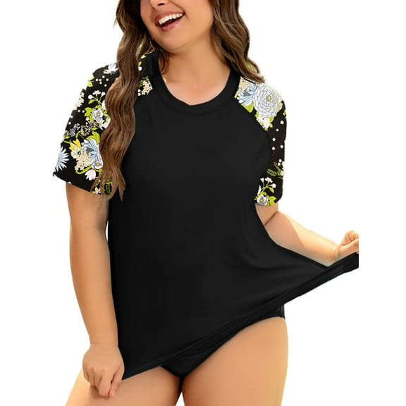 TIYOMI Plus Size 5X Swimsuit Shirts For Women Rash Guard Tops Black Floral Raglan Short Sleeve Pullover Surfing Swim UPF 50 Sun Protection Tops 5XL 26W 28W