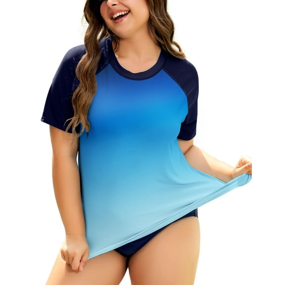 TIYOMI Plus Size 5X Swimsuit Shirts For Women Rash Guard Tops Gradient Blue Raglan Short Sleeve Pullover Surfing Swim UPF 50  Sun Protection Tops 5XL 26W 28W