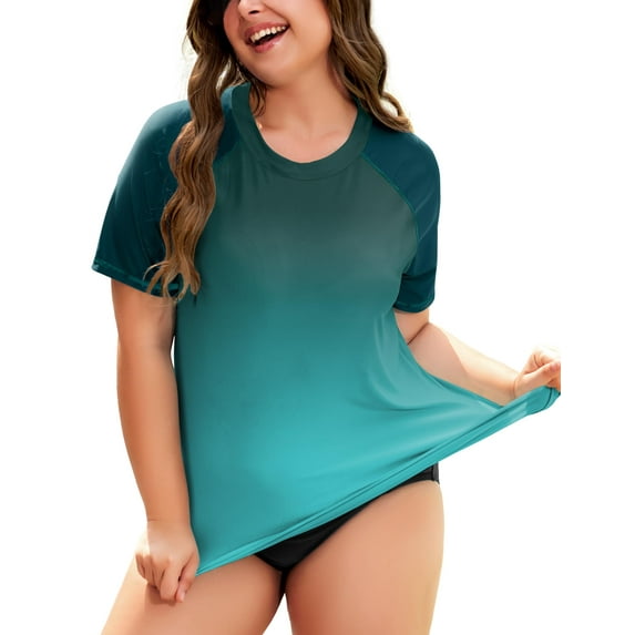 TIYOMI Plus Size 5X Swimsuit Shirts For Women Rash Guard Tops Green Gradient Short Sleeve Pullover Surfing Swim Workout UPF 50+ Sun Protection Tops 5XL 26W 28W