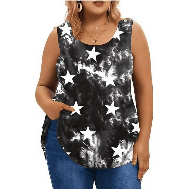 TIYOMI Plus Size 5X Tank Tops For Women 4th of July Tank Tops Crewneck Tie Dye Star Summer Tank Tops 5XL 26W 28W