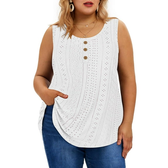 TIYOMI Plus Size 5X Tank Tops For Women Eyelet Crewneck Tank Tops White Shirts Henley Button Down Summer Camisoles Basic Solid Tunics Loose Fit Tank Tops 5XL 26W 28W