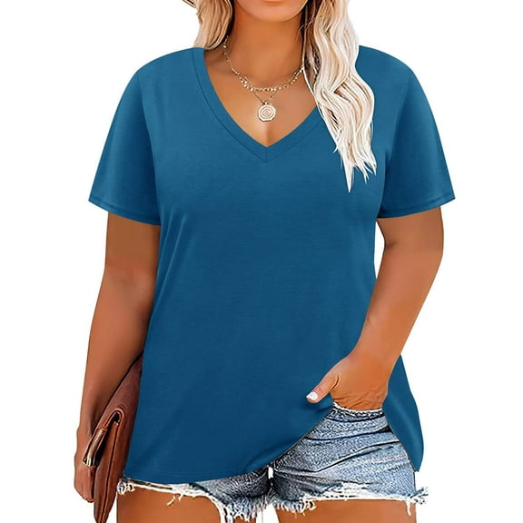 TIYOMI Plus Size 5X Teal Blue Short Sleeve Shirts For Women Tops V Neck Pullover Summer Solid Basic Tunics 5XL 26W 28W
