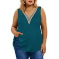 thumbnail image 1 of TIYOMI Plus Size 5X Teal Blue Tank Tops For Women Lace Trim V Neck Tank Tops Guipure Shirts Peacock Blue Summer Camisoles Basic Solid Tunics Loose Fit Tank Tops 5XL 26W 28W, 1 of 8