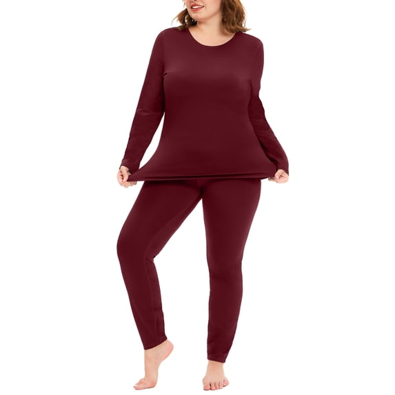 TIYOMI Plus Size 5X Wine Red Thermal Underwear Suits For Women Long Johns Fleece Lined Base Layer Crewneck Top and Bottom Sets Fall Winter Pajama, 2-Pack 5XL 26W 28W