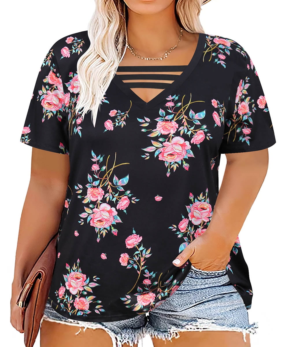 TIYOMI Plus Size Black Floral Short Sleeve Strappy Shirts For