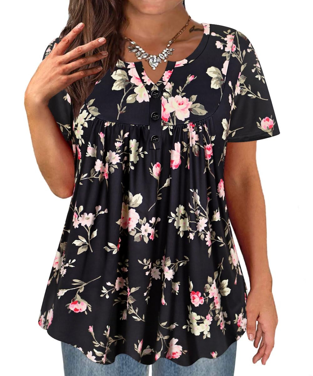 TIYOMI Plus Size Black Floral Tops For Women Short Sleeve Blouses ...