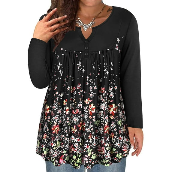 TIYOMI Plus Size Black Flower Tops For Women Long Sleeve Blouses Henley Dressy Tunics Tops Buttons Up Shirts Swing Flowy Blouses Pleated Babydoll Loose Fit Fall Casual Tunics XL 14W 16W