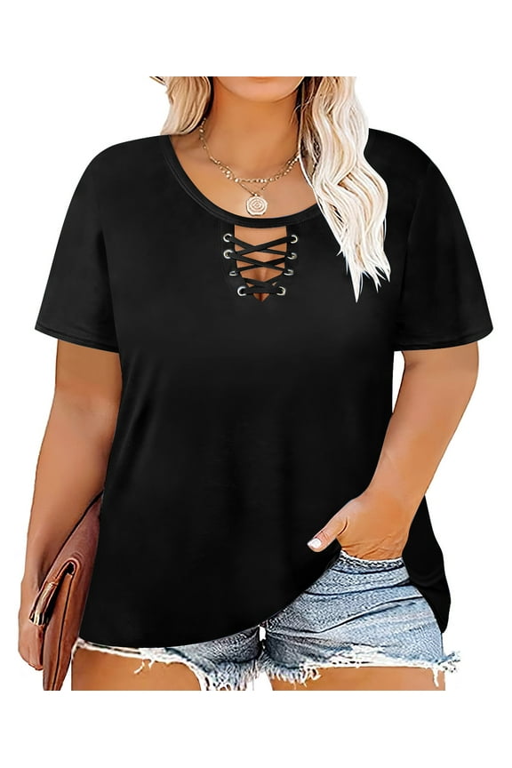Plus Size Black Short Sleeve Criss Cross Shirts For Women 5X Tops Crewneck Pullover Summer Tunics 5XL 26W 28W