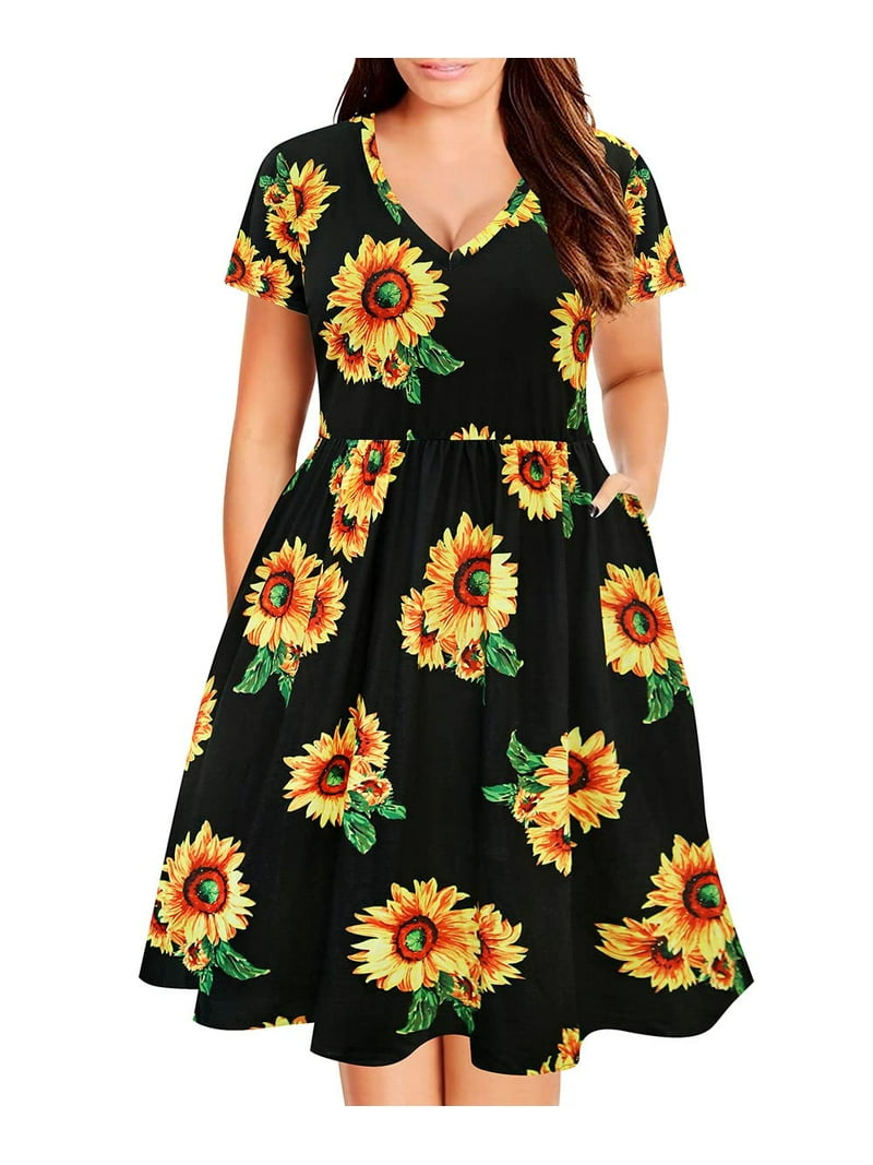 black dress with sunflowers TIYOMI Plus Size Sunflower For Women 3X Short Sleeve Basic Raglan Elegant V Neck Summer Casual Tie Waist Loose Fit Dress 3XL 22W 24W ARRANGE long sleeve lace 80percent Girl size:6-9 months Crafted from high