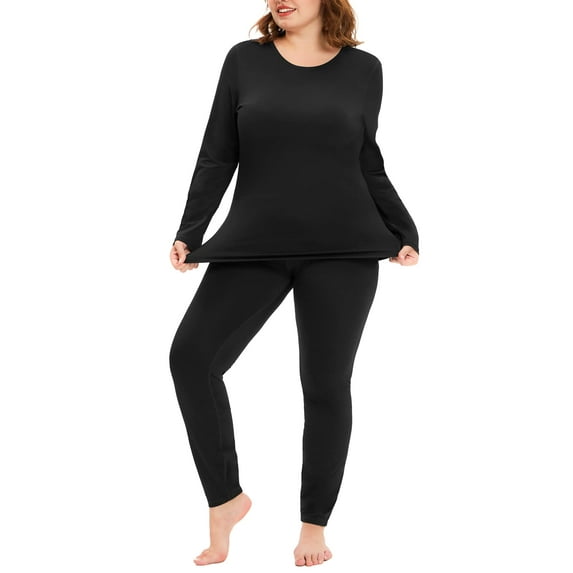 TIYOMI Plus Size Black Thermal Underwear For Women Crewneck Thermal TopLong Johns Fleece Lined Base Layer Top and Bottom Sets Fall Winter Pajama, 2-Pack XL 14W 16W