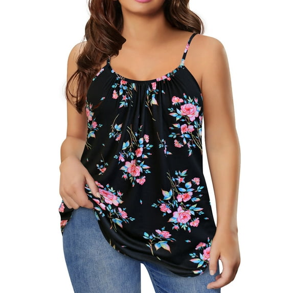 TIYOMI Plus Size Camisole For Women 4X Tank Tops Black Floral Adjustable Strappy Crewneck Summer Spaghetti Strap Casual Flower Cami Beach Loose Fit Vest 4XL 24W 26W