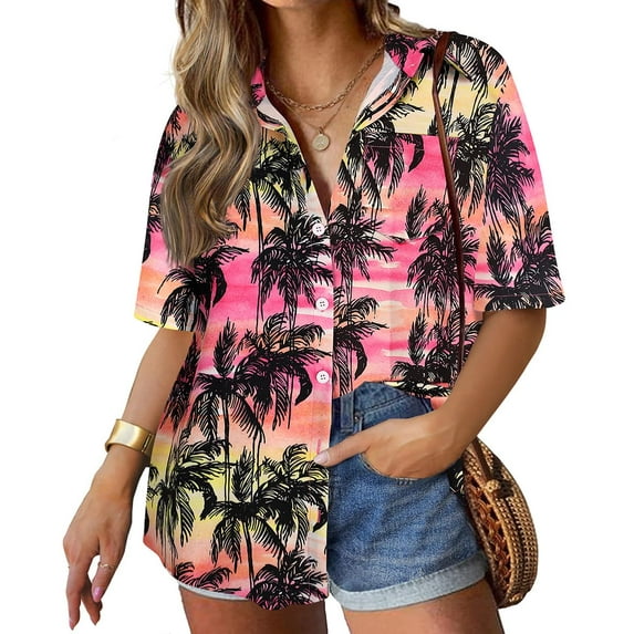 TIYOMI Plus Size Coconut Tree Shirts For Women Short Sleeve Beach Blouses Hawaiian Button Down Shirts Loose Fit Shirts Summer Loose Fit Tops XL 14W 16W