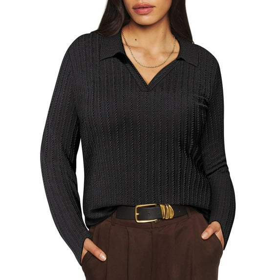 TIYOMI Plus Size Collared Polo Shirts Knitted Long Sleeve Tee Fall V Neck Black Jumper Tops For Women 5X Work Lapel Collar Shirts Casual Winter Cable Knit Tunics 5XL 26W 28W