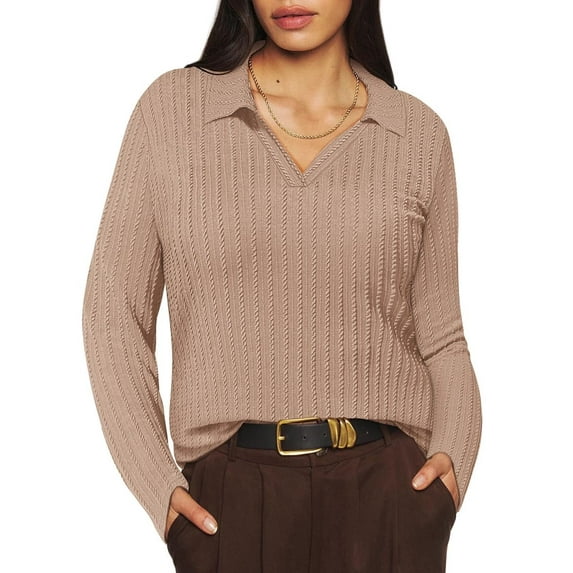 TIYOMI Plus Size Collared Polo Shirts Knitted Long Sleeve Tee Fall V Neck Khaki Jumper Tops For Women 5X Work Lapel Collar Shirts Casual Winter Cable Knit Tunics 5XL 26W 28W