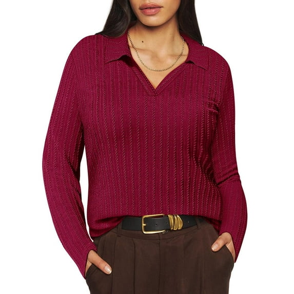 TIYOMI Plus Size Collared Polo Shirts Knitted Long Sleeve Tee Fall V Neck Wine Red Jumper Tops For Women 5X Work Lapel Collar Shirts Casual Winter Cable Knit Tunics 5XL 26W 28W