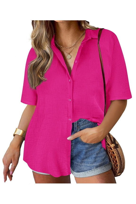 Plus Size Cotton Shirts For Women Short Sleeve Pink Collared Blouses Button Down Solid Shirts Loose Fit Shirts Summer Casual Tops XL 14W 16W