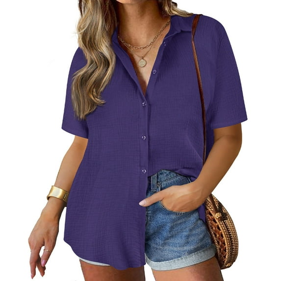 TIYOMI Plus Size Cotton Shirts For Women Short Sleeve Navy Blue Collared Blouses Button Down Coffee Shirts Loose Fit Shirts Summer Casual Tops XL 14W 16W