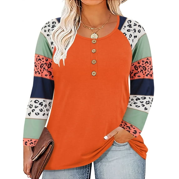 TIYOMI Plus Size Cow Print Tops For Women Pumpkin Orange Long Sleeve Button Blouses Raglan Color Block Sleeves Henley Crewneck Shirts Tee Loose Fit Tunics Fall Winter Casual Pullover XL 14W 16W