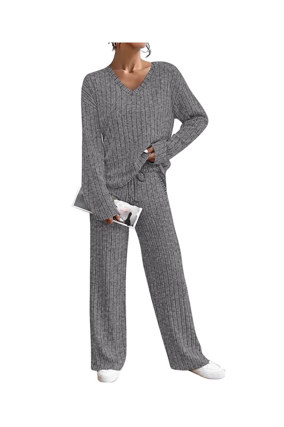 Plus Size Dark Grey Sweater Outfits For Women 2 Piece Long Sleeve Tops Fall Winter Sweatsuit Knitted Sweater Top & Wide Leg Pants XL 14W 16W