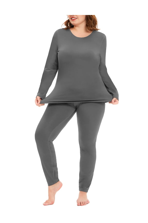 Plus Size Dark Grey Thermal Underwear For Women Crewneck Thermal TopLong Johns Fleece Lined Base Layer Top and Bottom Sets Fall Winter Pajama, 2-Pack XL 14W 16W