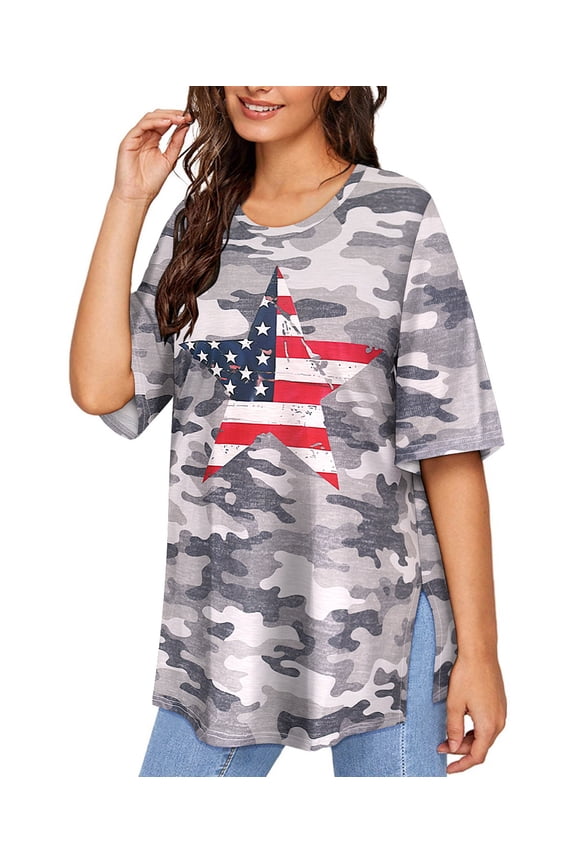 Plus Size Distressed American Flag Star Oversized T-Shirts Short Sleeve Shirts For Women 5X Camo Round Neck Tops 4th of July Boyfriend Pullover Summer Casual Loose Fit T-Shirt 5XL 26W 28W
