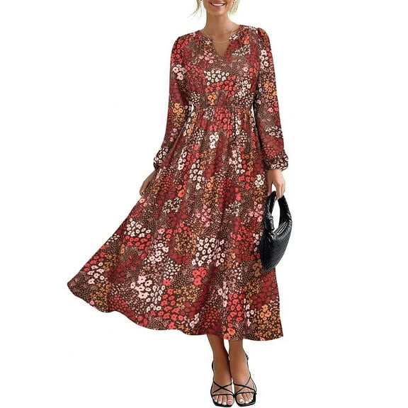 TIYOMI Plus Size Dress for Curvy Women 3x Long Sleeve Fall Maxi Dress V Neck Brown Floral Dresses Church Wedding Guest Flowy Spring Fall Dresses with Pockets 3XL 22W 24W