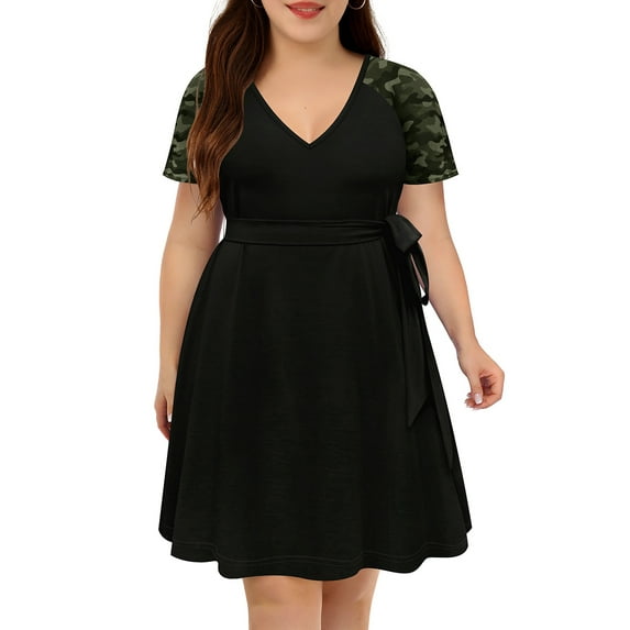 TIYOMI Plus Size Dress For Women 4X Basic Camo V Neck Short Sleeve Raglan Summer Elegant Casual Black Tie Waist Loose Fit Dress 4XL 24W 26W