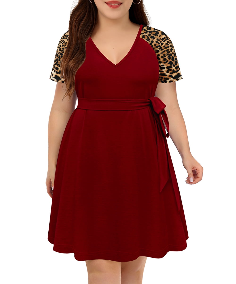 red leopard print dress plus size TIYOMI Plus Size Dress For Women 4X Basic Leopard V Neck Short Sleeve  Raglan Summer Casual Elegant Wine Red Tie Waist Loose Fit Dress 4XL 24W 26W
