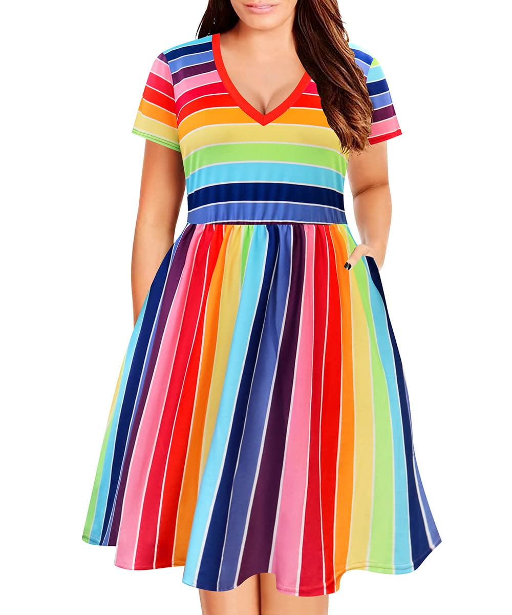 TIYOMI Plus Size Dress For Women 4X Basic Rainbow Stripe V