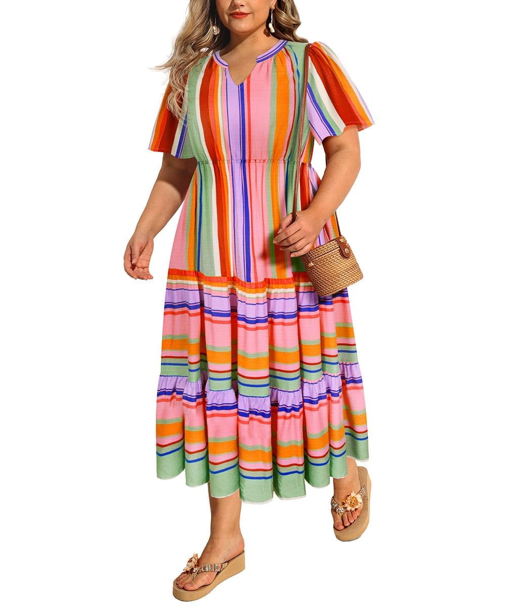 Tiyomi Plus Size Dresses for Curvy Women Short Sleeve V Neck Casual Maxi Rainbow Stripe Ruffle Boho Dress Women's Formal Dresses Wedding Guest Dresses