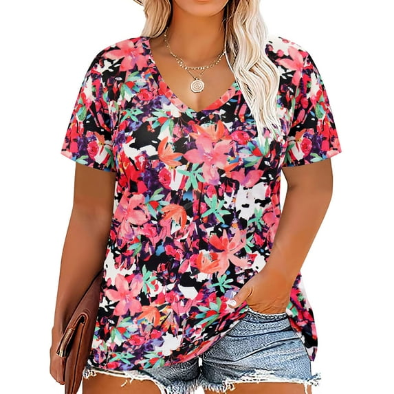 TIYOMI Plus Size Floral Tops For Women Short Sleeve T-Shirts Basic V-Neck Flower Tunics Casual Loose Fit Colorful Summer Blouses XL 14W 16W