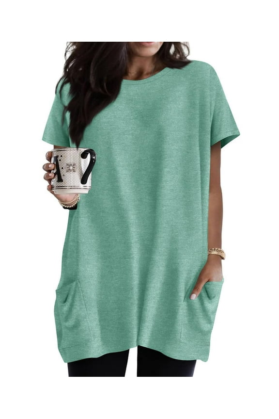 Plus Size Green Tops For Women Summer Round Neck Short Sleeve Shirts Pocket Solid Tunic Tops Casual Long Tops Tee Loose Fit T-Shirts XL 14W 16W